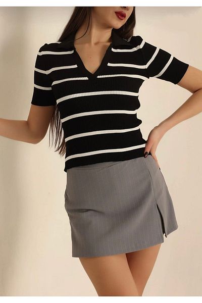 DAMGA Collection Γυναικεία πλεκτή μπλούζα με κοντό μανίκι Polo λαιμόκοψη