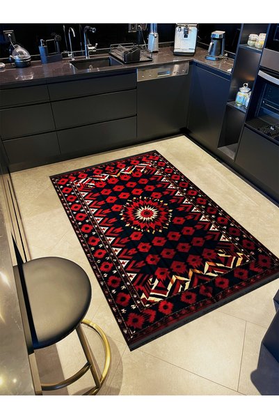 Rugs Modern Halı Black Red Ethnic Motif Detailed Antique Design Series Modern...