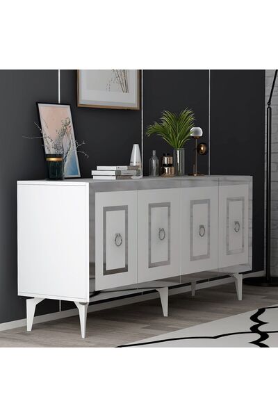 DEMONTE DECOR KARYA KONSOL 4 KAPAKLI RAFLI BEYAZ-GÜMÜŞ
