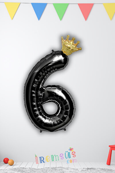 mypartyready 6 Yaş Doğum Günü Kral Taçlı Siyah Renk Rakam Folyo Balon 6 Rakam...
