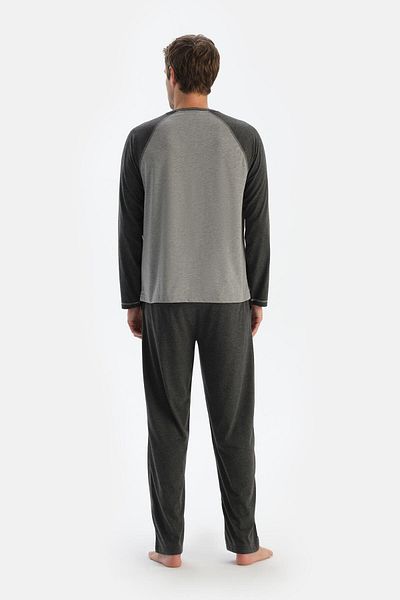 Dagi Grau Melange Placket Reglan Ärmel T-Shirt und Hose Pyjama Set
