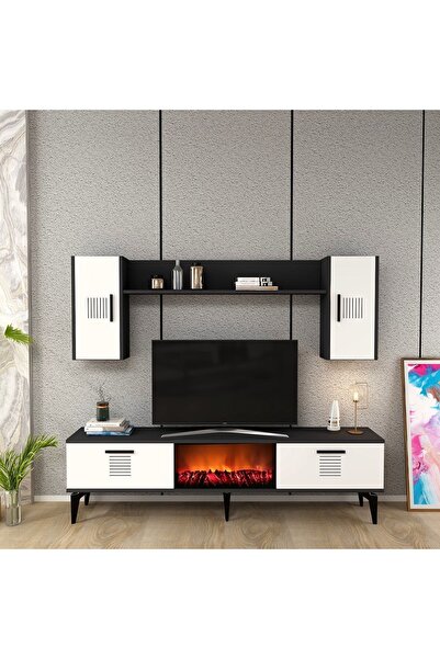 DEMONTE DECOR ASİMO TV ÜNİTESİ ŞÖMİNELİ TAKIM ANTRASİT BEYAZ