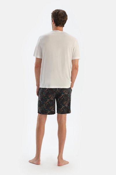 Dagi Ecrufarbenes Pyjama-Set mit Schalmuster, Rundhalsausschnitt, kurzen Ärmeln, T-Shirt und Shorts