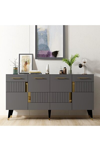 DEMONTE DECOR 4 Kapaklı Moda Konsol Antrasit-altın