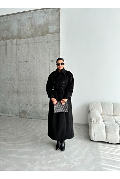 Laluvia Černé nárameníky dlouhý kabát s knoflíky a páskem-54476