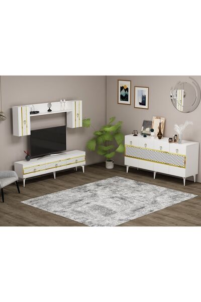 DEMONTE DECOR İpek 180 Cm Tv Ünitesi Ve Konsol 2'li Salon Takımı Beyaz-altın