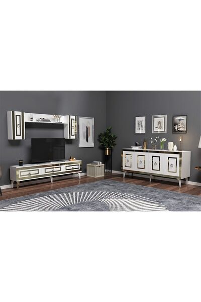 DEMONTE DECOR Karya 180 Cm Tv Ünitesi Ve Konsol 2'li Salon Takımı Beyaz-altın