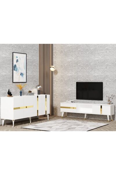 DEMONTE DECOR VANİA TV SEHPASI ve KONSOL 2'li SALON TAKIMI BEYAZ-ALTIN