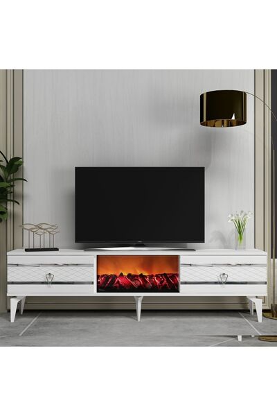 DEMONTE DECOR PELİN TV SEHPASI ŞÖMİNELİ BEYAZ-GÜMÜŞ