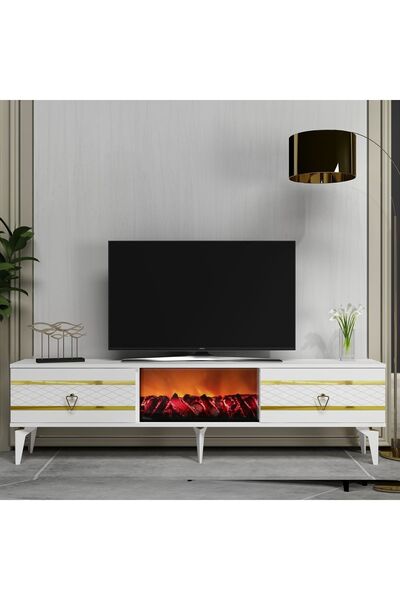 DEMONTE DECOR PELİN TV SEHPASI ŞÖMİNELİ BEYAZ-ALTIN
