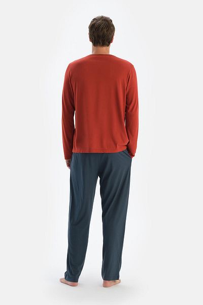 Dagi Rotes Modal-T-Shirt- und Hosen-Pyjama-Set aus gekämmter Baumwolle – halbe Knopfleiste, lange Ärmel
