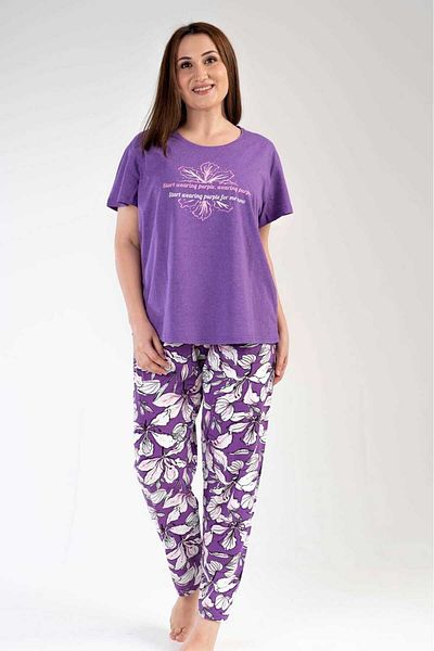 New Pajamas Purple Floral Patterned Women's Pajamas Set - Short Sleeve, Crew Neck, Oval Skirt