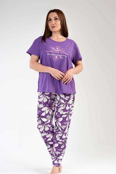 New Pajamas Purple Floral Patterned Women's Pajamas Set - Short Sleeve, Crew Neck, Oval Skirt