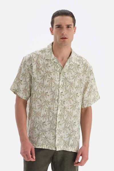 Dagi Beige Leinen – KK-Hemd mit Palmenmuster