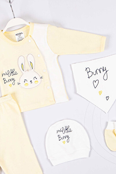 Miniel Yenidoğan Unisex Bebek Little Bunny Nakışlı 5'li Organik Pamuklu Yenidoğan Bebek Hastane Çıkış Seti