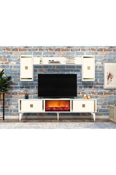 DEMONTE DECOR DORUK ŞÖMİNELİ TV ÜNİTESİ BEYAZ ALTIN