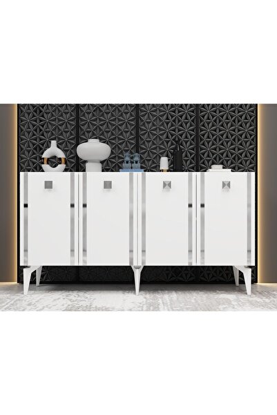 DEMONTE DECOR DORUK KONSOL 4 KAPAKLI RAFLI BEYAZ- GÜMÜŞ