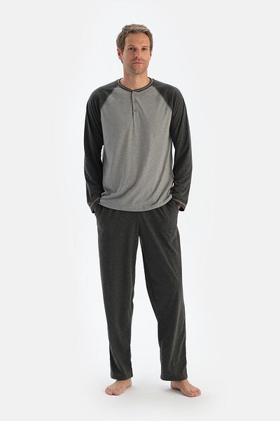 Dagi Grau Melange Placket Reglan Ärmel T-Shirt und Hose Pyjama Set