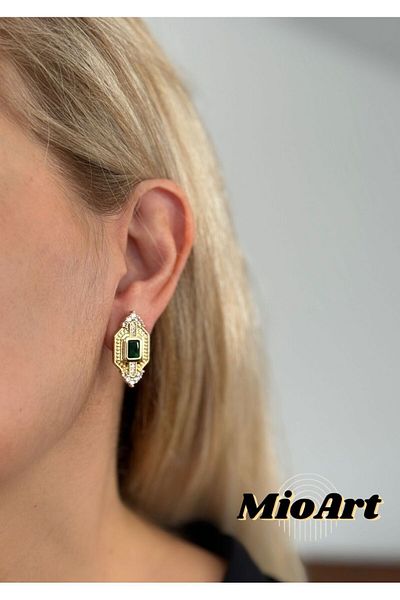 MioArt Baguette Patterned Triangle Jewelled Steel Serenay - Sarıkaya Combination Earrings
