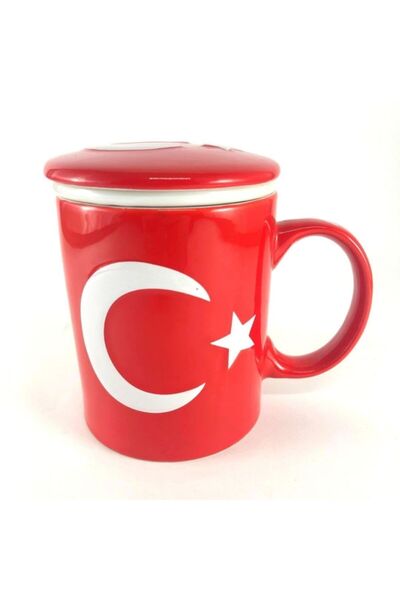 ArtemisSeramik Ay Yıldız Türk Bayrağı Bayraklı Porselen Kupa Bardak Süzgeçli Kapaklı