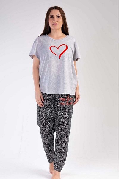 New Pajamas Set pijamale cu mânecă scurtă cu model de inimă gri - Fusta ovală cu decolteu