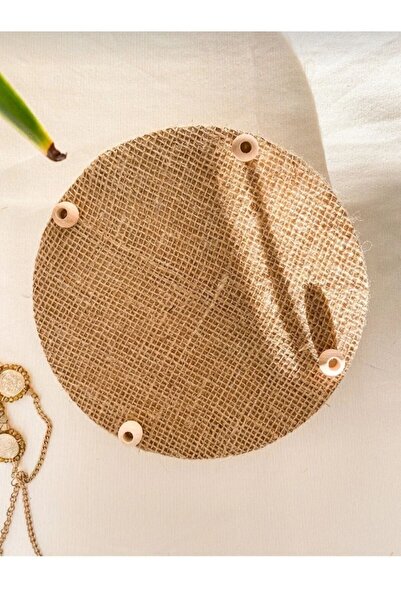 homeyandlovey Ahşap Boncuklu Hasır Doğal Rafya Tepsi, Dekoratif Tepsi, Banyo, Ev, Masa Için Dekor Tepsi 25 Cm Çap