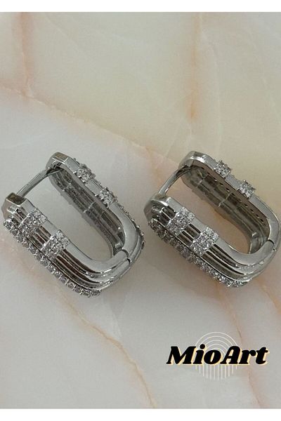 MioArt Baguette Patterned Triangle Jewelled Steel Serenay - Sarıkaya Combination Earrings