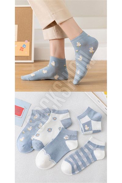 SOCKSHION Γυναικεία μποτάκια με σχέδιο Blue Daisy Κάλτσες 5 ζευγάρια Σετ κάλτσες