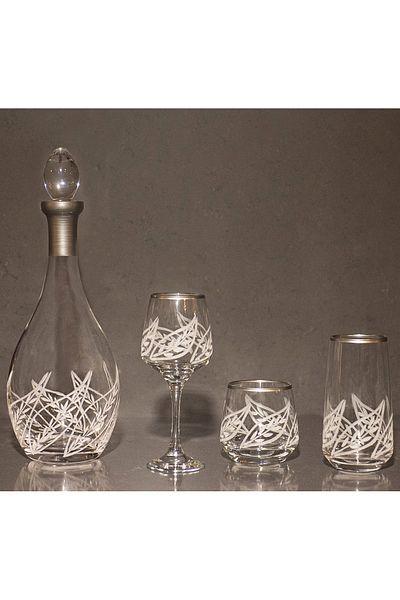 sudeka 12 Person 37 Piece Leaf Hand Decorated Silver Glass Water Cup Set - Soft Drink Cup Set