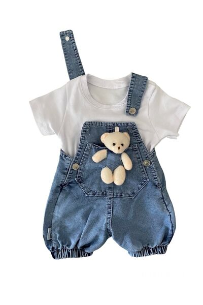 Temiz Baby طقم تي شيرت أبيض من قماش الدنيم النظيف Salopet مزدوج