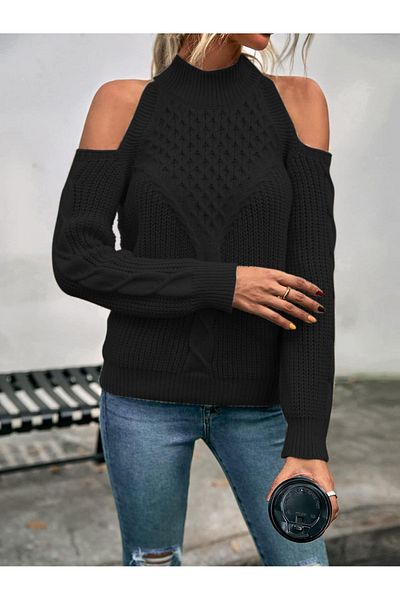AQE FASHION Pulover din tricot negru cu gât roscat - Detaliu pe umeri și păr tricotat Thessaloniki