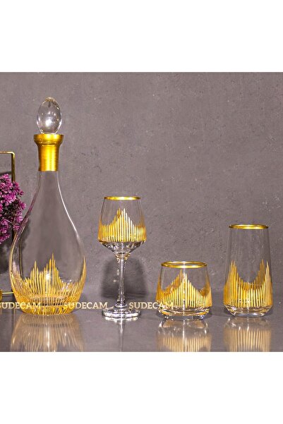 sudeka 37 Parça 12 Kişilik Alev El Dekor Kesme Gold Cam Su Bardak Takımı,Meşrubat Bardağı Seti