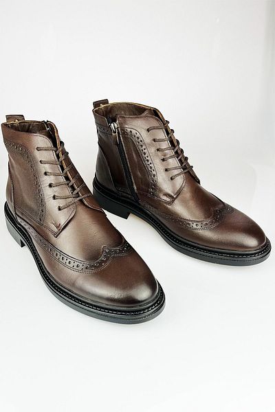 LUSIVE Genuine Leather Brown Zippered Men's Winter Boots LUAS24AL0020