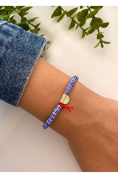 Atelier Çağla Blue Striped Bracelet with Glass Bead Detail