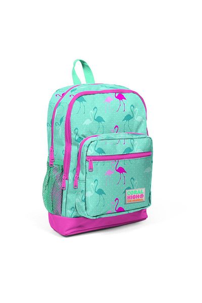 Yaygan Coral High Kids Water Green Neon Pink Flamingo Patterned 3-Piece School Bag Set