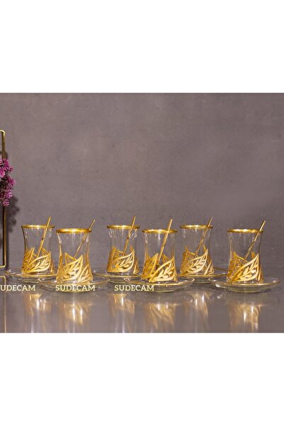 sudeka 12 Parça 6 Kişilik Yaprak Kristal Kesme Gold Çay Seti