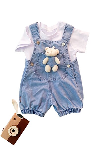 Uğurlu Bebe Denim Salopet 2 Piece Set with Teddy Bear