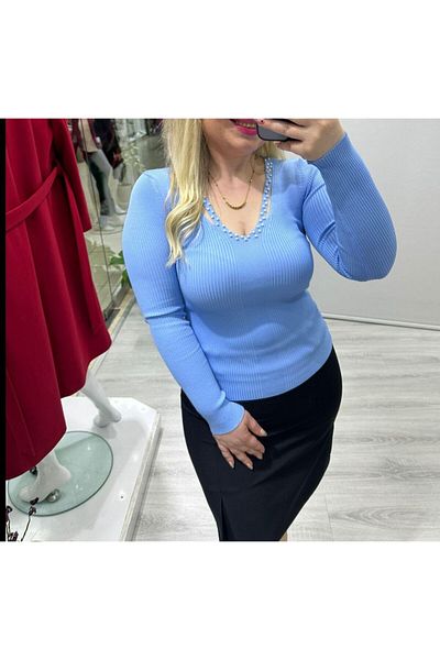 skycott Light Blue V-Neck Bead Detailed Women's Knitwear Sweater