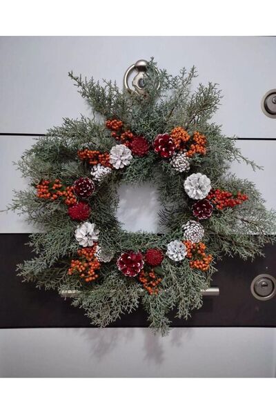 Doğal Tasarım Coroana ornamentala pentru usa de Anul Nou, ramura de pin viu, ...