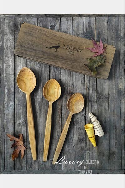 TROYA Natural and Quality Handcrafted Olive Wood 3-Piece Wooden Spoon Set in Wooden Box30 cm, 27 cm and 24 cm
