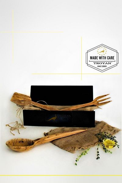 TROYA 1.Grade Handcrafted Olive Wood Large Size Fork-Spoon Spatula Set in Wooden Box