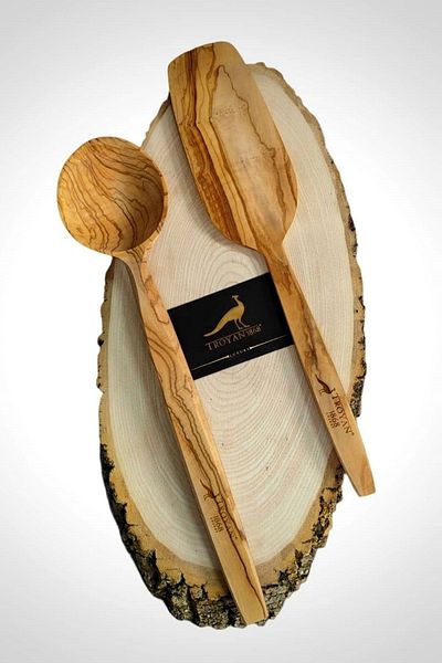 TROYA Handmade Olive Wood 33 Cm Large Size Spoon (CAP) and Spatula1.Classroom HandcraftedUltra Quality