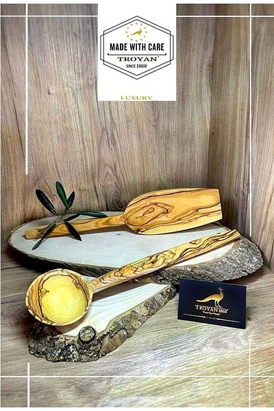 TROYA Handmade Olive Wood 33 Cm Large Size Spoon (CAP) and Spatula1.Classroom HandcraftedUltra Quality