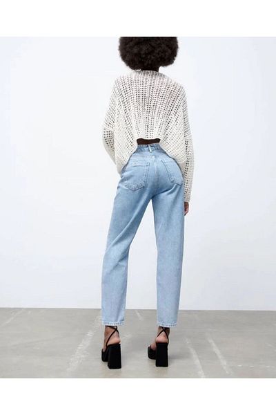 Sezka Life Blugi din denim albastru deschis cu talie înaltă cu deschidere la genunchi - Blugi oversize