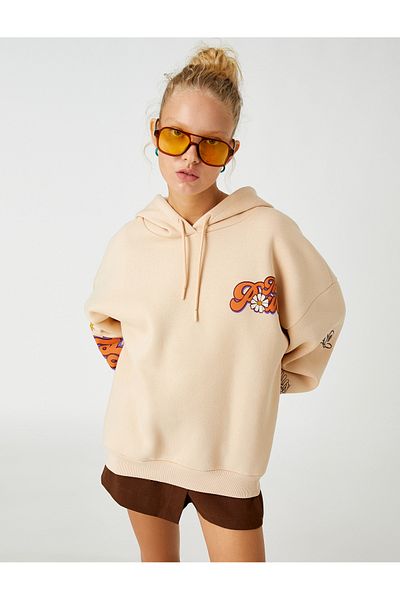 Koton Oversize Sweatshirt Hooded Printed With Fleece Inside