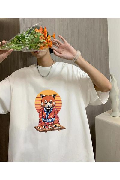 Pink Sky Μπλουζάκι Samurai Cat Sushi White Unisex Oversize