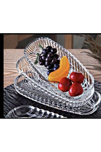 DİBA AVM 4 Pieces Glass Oval Herringbone Snack Fruit Appetizer Plate 4 Pieces Presentation Plate Breakfast Presentation Plate 19 cm