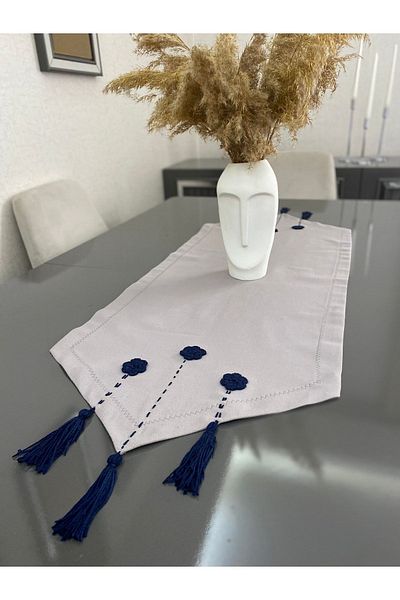 Parla Life Navy Blue Braided Linen Fabric Runner 40x120 Cm