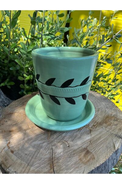 Aymen Çiçekçilik Su Yeşili El Emeği Boyanmış Yaprak Desenli Vernikli Fırınlan...