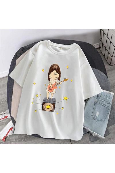 Pink Sky Tricou alb unisex oversize - Fată chitaristă imprimat